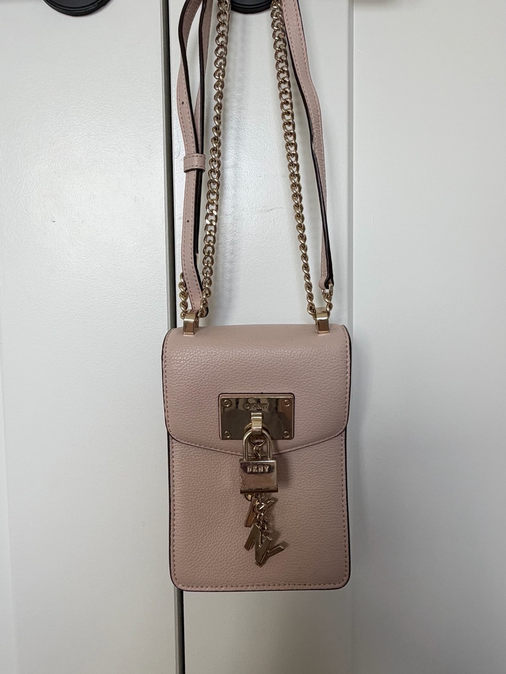 DKNY Blush Pink Leather Phone Crossbody Bag Lock & Logo Charm Flap Bag